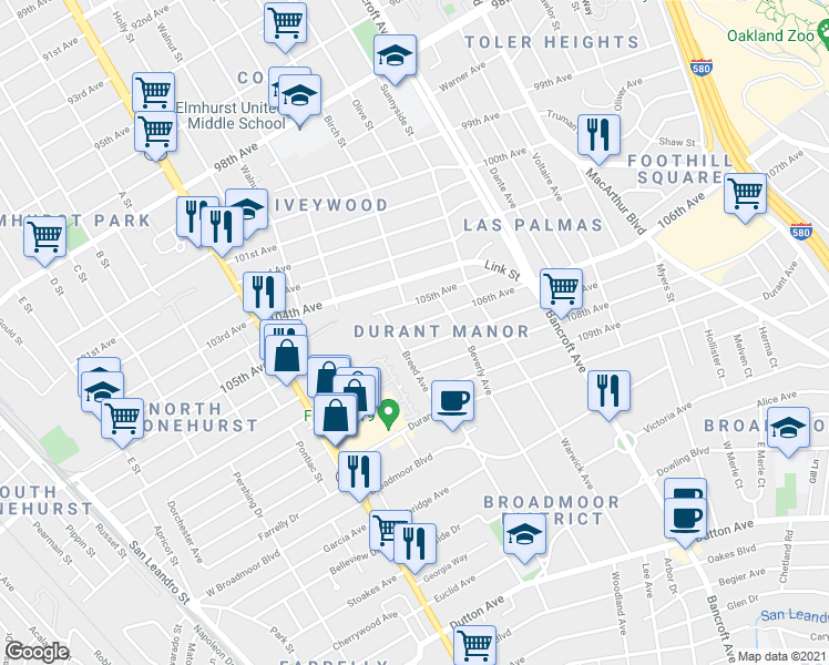 map of restaurants, bars, coffee shops, grocery stores, and more near 1828 106th Avenue in Oakland