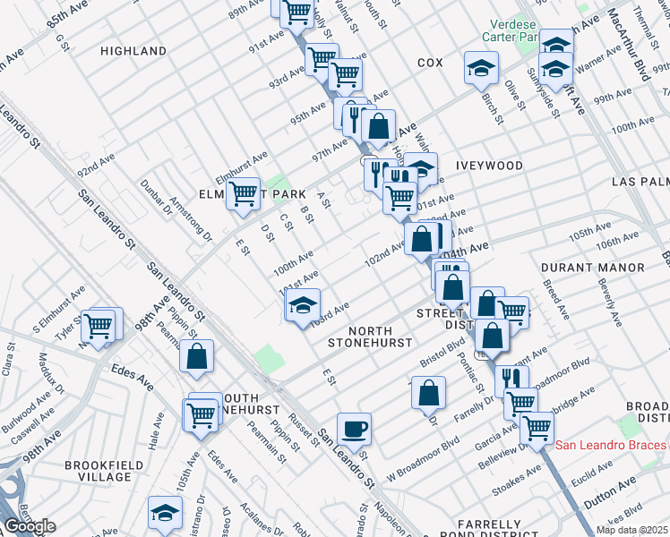 map of restaurants, bars, coffee shops, grocery stores, and more near 1228 101st Avenue in Oakland