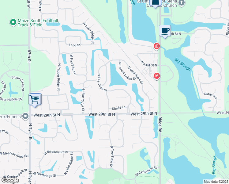 map of restaurants, bars, coffee shops, grocery stores, and more near 7707 West Shadow Lakes Street in Wichita