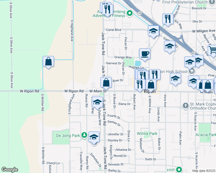 map of restaurants, bars, coffee shops, grocery stores, and more near 102 Jack Tone Road in Ripon