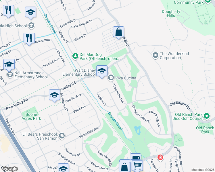 map of restaurants, bars, coffee shops, grocery stores, and more near 126 Pebble Place in San Ramon