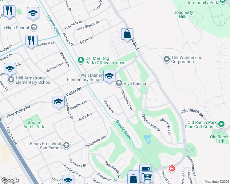 map of restaurants, bars, coffee shops, grocery stores, and more near 9685 Thunderbird Drive in San Ramon