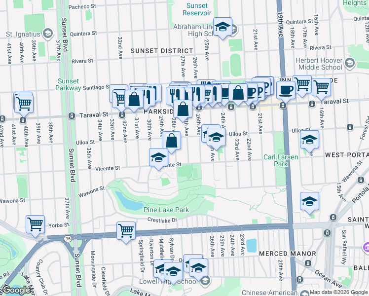 map of restaurants, bars, coffee shops, grocery stores, and more near 2540 27th Avenue in San Francisco