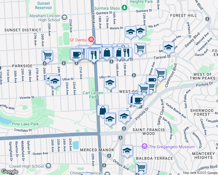 map of restaurants, bars, coffee shops, grocery stores, and more near 2555 17th Avenue in San Francisco