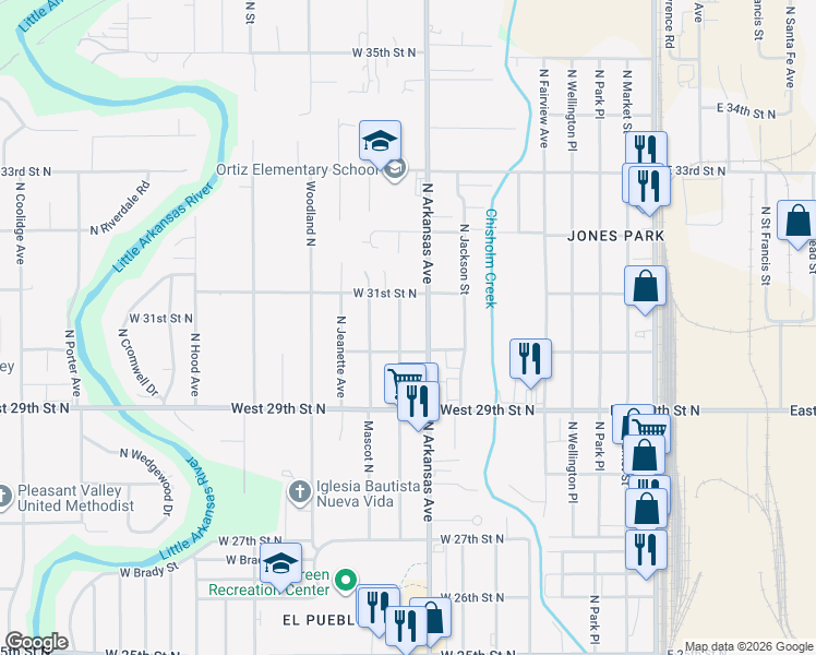 map of restaurants, bars, coffee shops, grocery stores, and more near 3122 North Shelton Street in Wichita