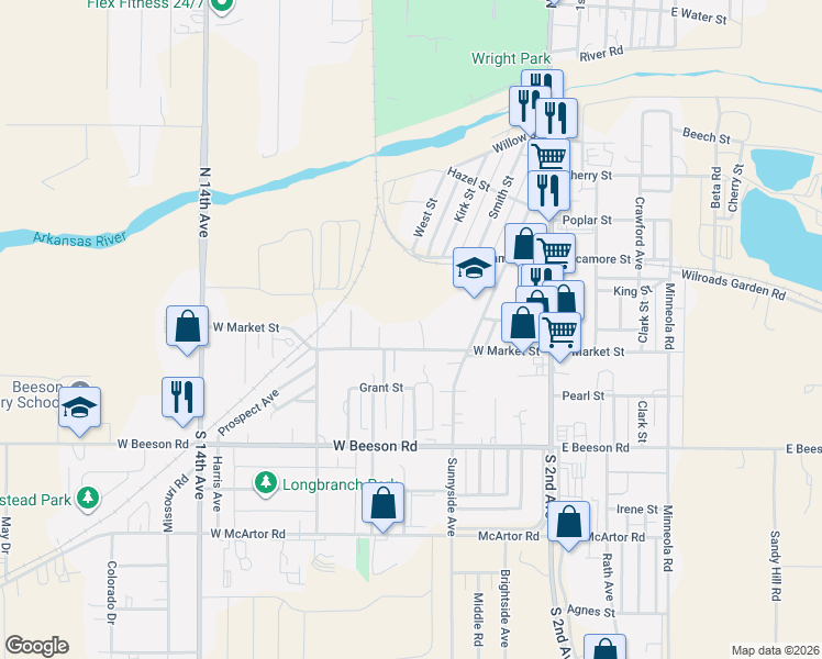 map of restaurants, bars, coffee shops, grocery stores, and more near 112 West Market Street in Dodge City