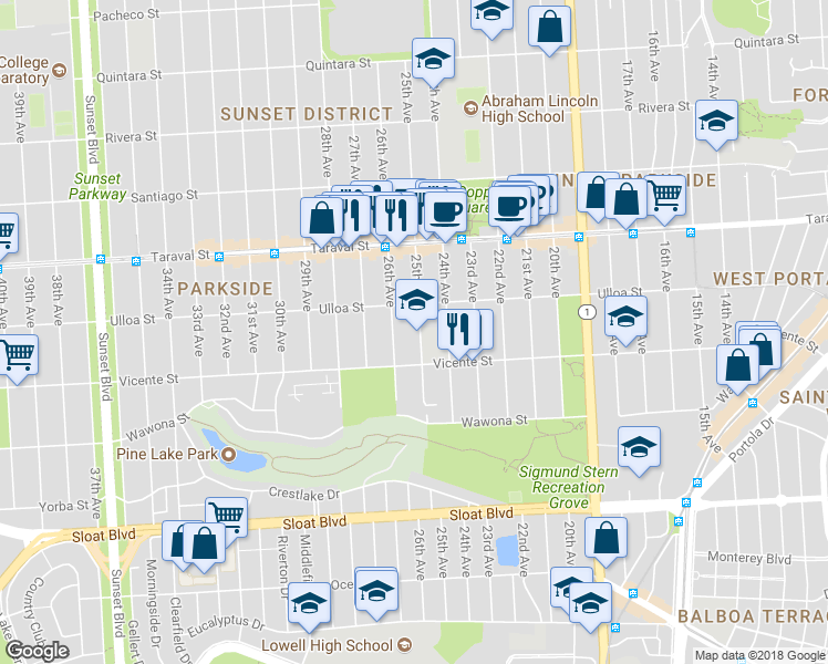 map of restaurants, bars, coffee shops, grocery stores, and more near 2543 25th Avenue in San Francisco