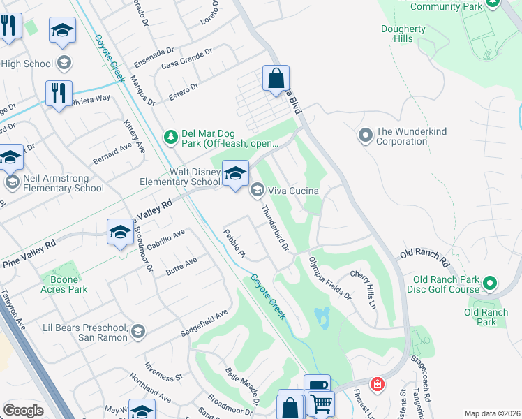 map of restaurants, bars, coffee shops, grocery stores, and more near 9685 Thunderbird Drive in San Ramon