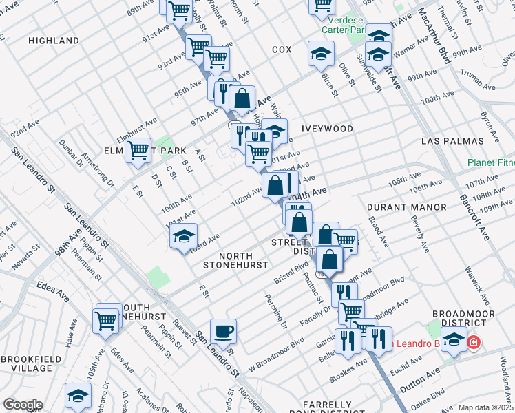 map of restaurants, bars, coffee shops, grocery stores, and more near 1339 103rd Avenue in Oakland