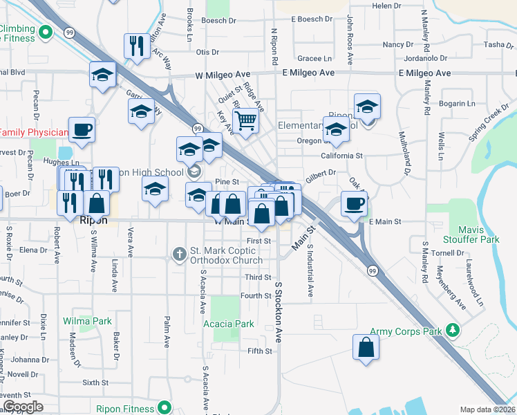 map of restaurants, bars, coffee shops, grocery stores, and more near 128 North Walnut Avenue in Ripon