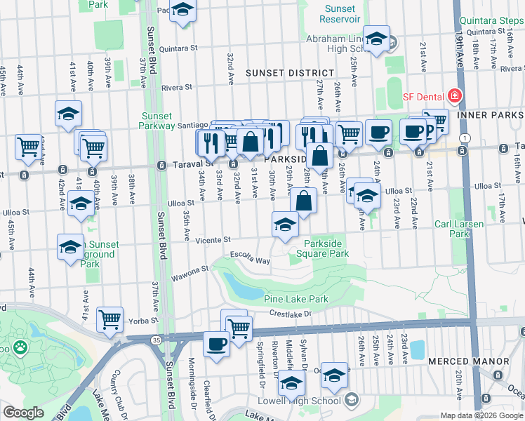 map of restaurants, bars, coffee shops, grocery stores, and more near 2531 31st Avenue in San Francisco