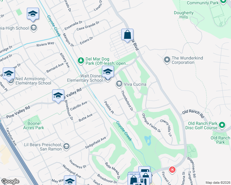 map of restaurants, bars, coffee shops, grocery stores, and more near 126 Pebble Place in San Ramon