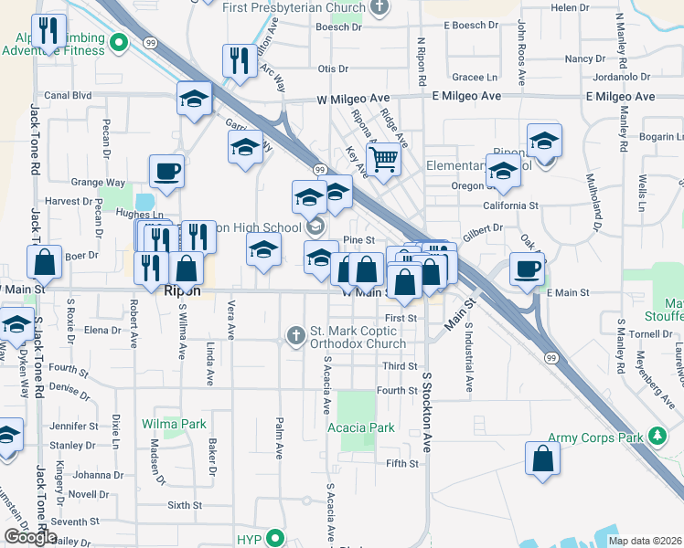 map of restaurants, bars, coffee shops, grocery stores, and more near 125 Capps Way in Ripon