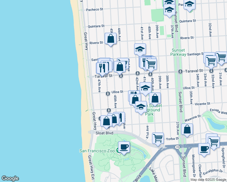 map of restaurants, bars, coffee shops, grocery stores, and more near 2495 45th Avenue in San Francisco