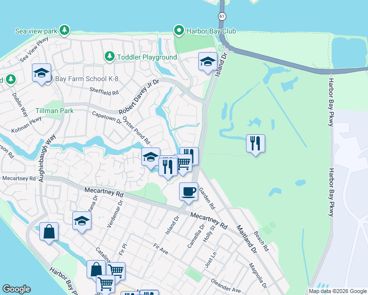 map of restaurants, bars, coffee shops, grocery stores, and more near 21 Oyster Shoals in Alameda