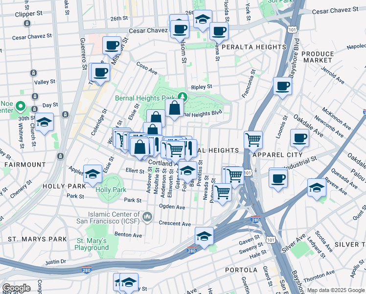 map of restaurants, bars, coffee shops, grocery stores, and more near 3704 Folsom Street in San Francisco