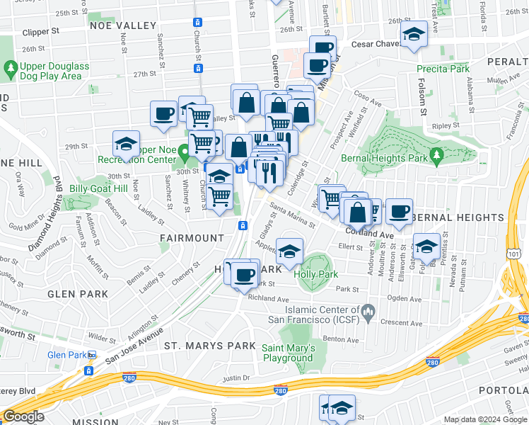 map of restaurants, bars, coffee shops, grocery stores, and more near 3541 Mission Street in San Francisco