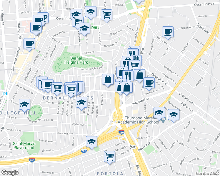 map of restaurants, bars, coffee shops, grocery stores, and more near 1525 Cortland Avenue in San Francisco