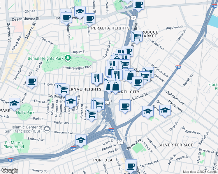 map of restaurants, bars, coffee shops, grocery stores, and more near 1715 Cortland Avenue in San Francisco