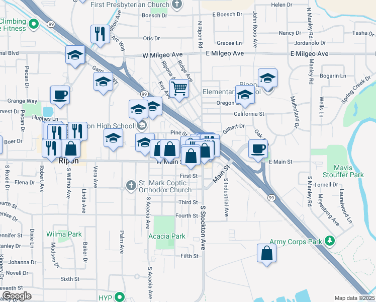 map of restaurants, bars, coffee shops, grocery stores, and more near 128 North Walnut Avenue in Ripon