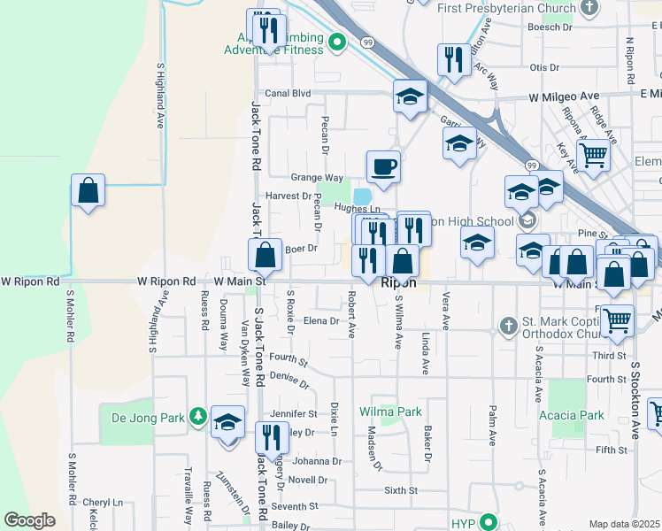 map of restaurants, bars, coffee shops, grocery stores, and more near 1443 West Main Street in Ripon