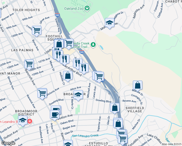 map of restaurants, bars, coffee shops, grocery stores, and more near 1175 Westbay Avenue in San Leandro