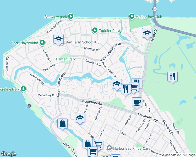 map of restaurants, bars, coffee shops, grocery stores, and more near 154 Basinside Way in Alameda