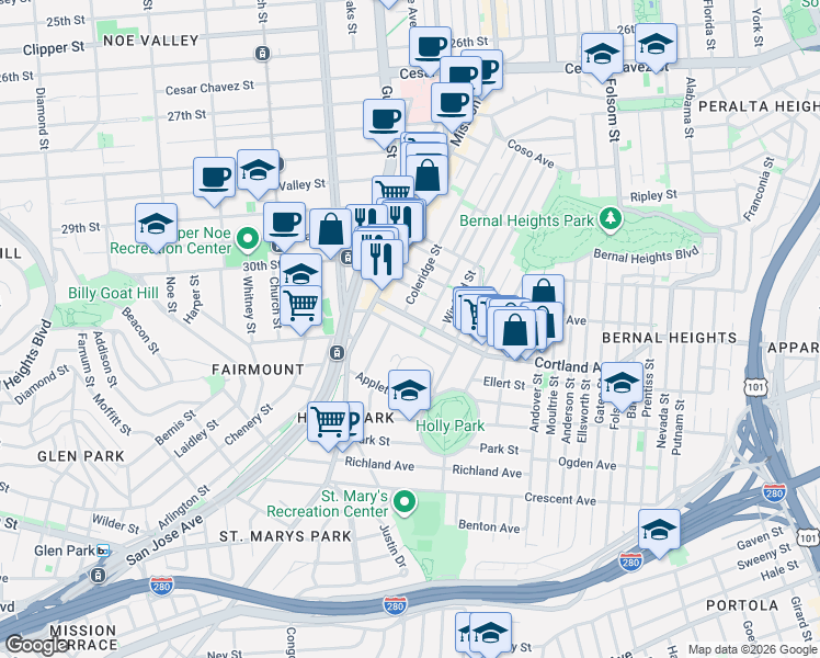 map of restaurants, bars, coffee shops, grocery stores, and more near 101 Santa Marina Street in San Francisco