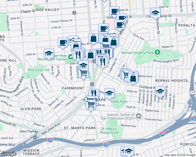 map of restaurants, bars, coffee shops, grocery stores, and more near 30 Randall Street in San Francisco