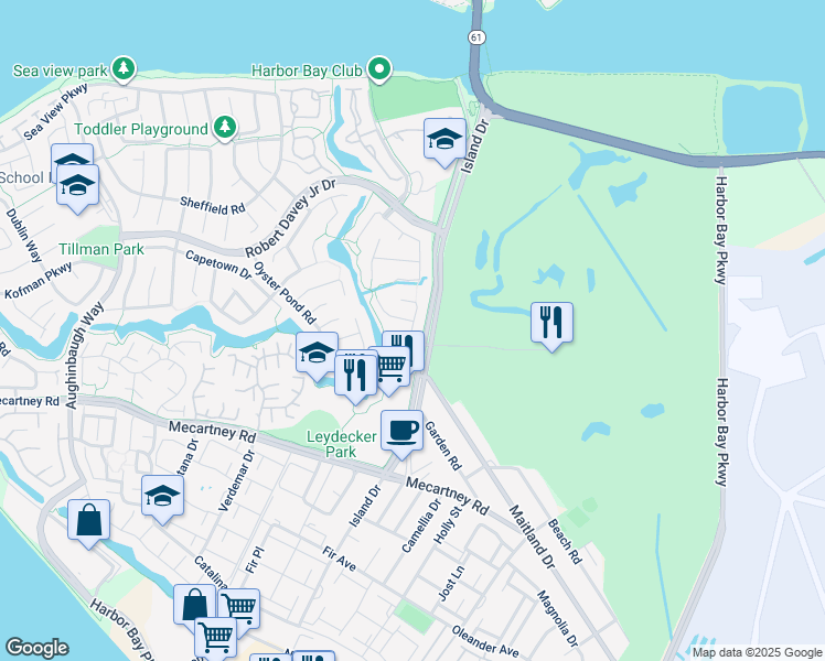 map of restaurants, bars, coffee shops, grocery stores, and more near Victoria Bay in Alameda