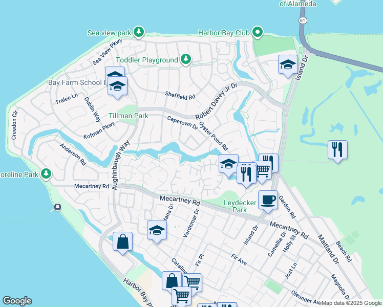 map of restaurants, bars, coffee shops, grocery stores, and more near 154 Basinside Way in Alameda
