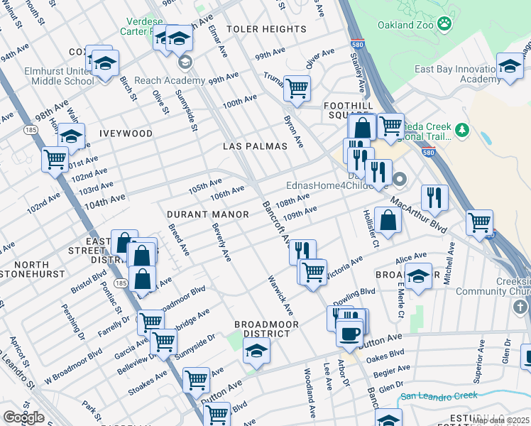 map of restaurants, bars, coffee shops, grocery stores, and more near 10822 Bancroft Avenue in Oakland