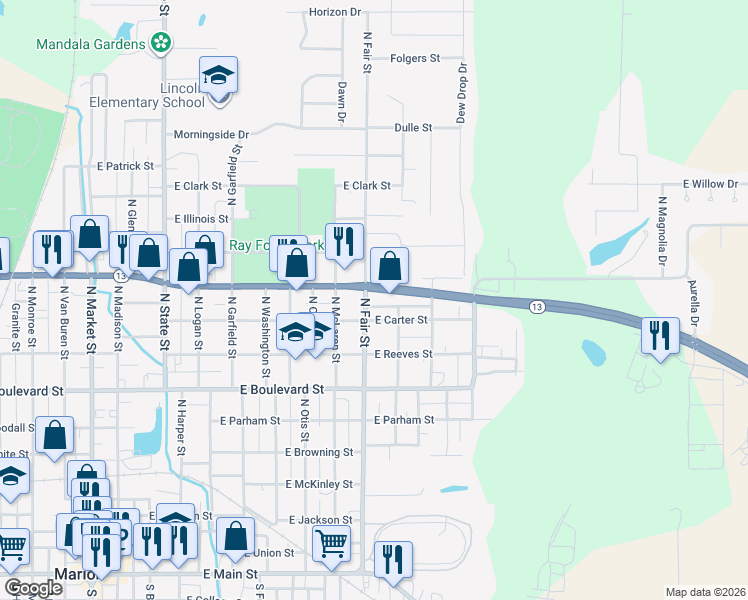 map of restaurants, bars, coffee shops, grocery stores, and more near 1107 North Fair Street in Marion