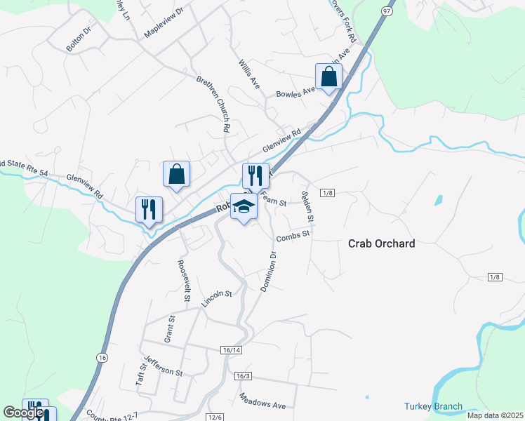 map of restaurants, bars, coffee shops, grocery stores, and more near 108 Dominion Drive in Crab Orchard