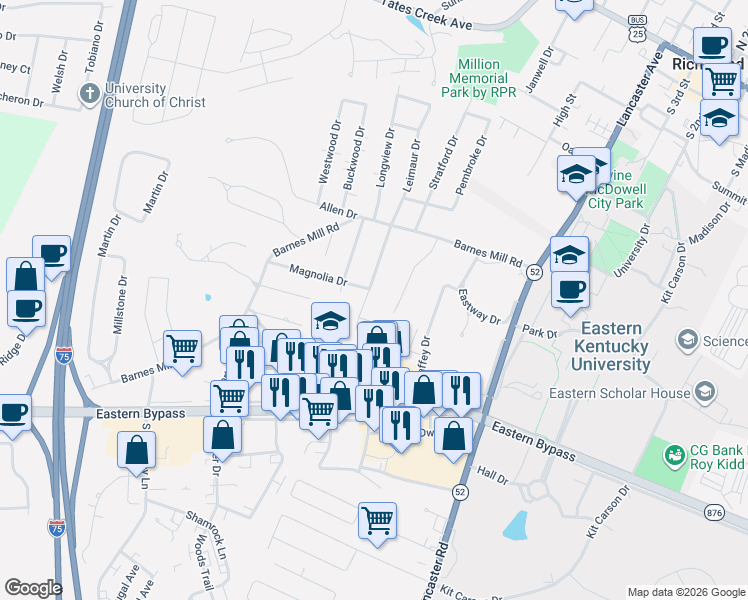 map of restaurants, bars, coffee shops, grocery stores, and more near 124 Meadowlark Drive in Richmond