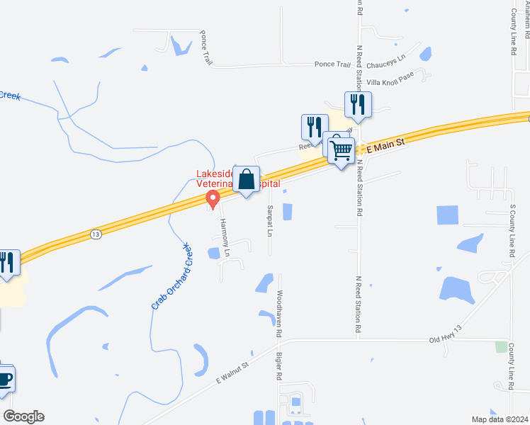 map of restaurants, bars, coffee shops, grocery stores, and more near 1250 Sanpat Lane in Carbondale