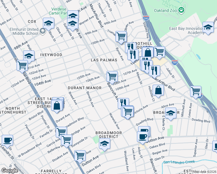map of restaurants, bars, coffee shops, grocery stores, and more near 10801 Bancroft Avenue in Oakland