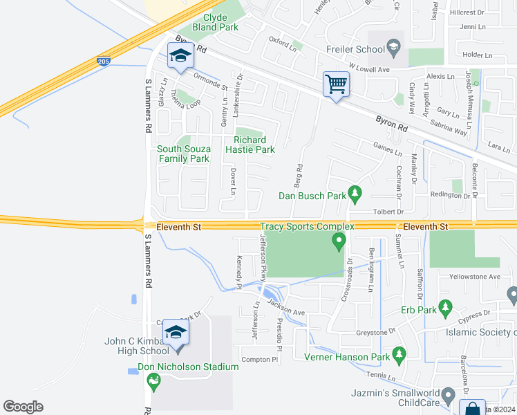 map of restaurants, bars, coffee shops, grocery stores, and more near King Loop in Tracy