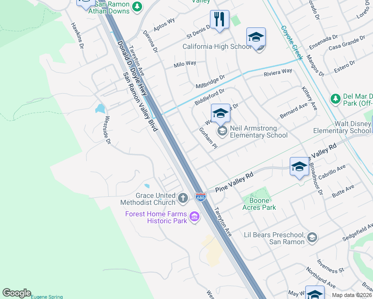 map of restaurants, bars, coffee shops, grocery stores, and more near 9750 Tareyton Avenue in San Ramon