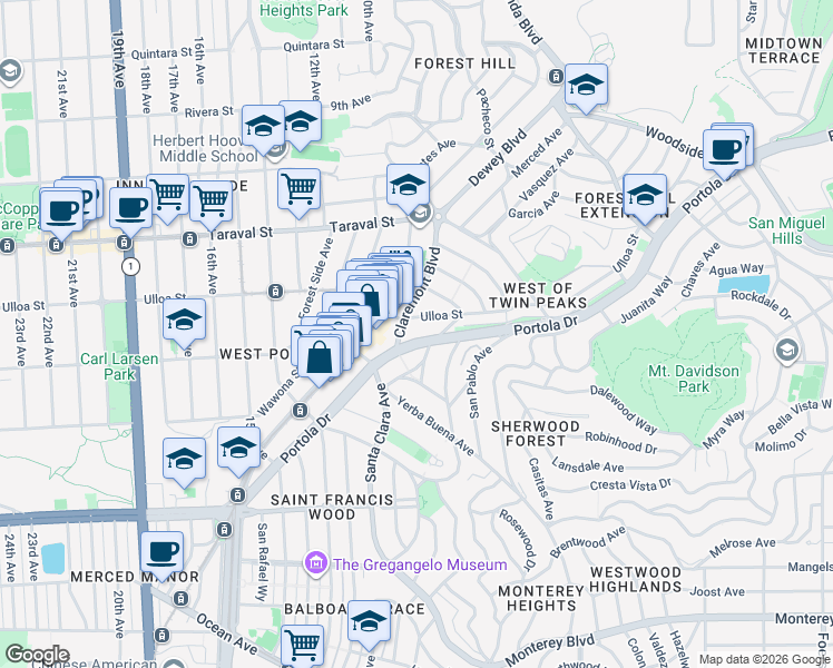 map of restaurants, bars, coffee shops, grocery stores, and more near 1332 Portola Drive in San Francisco