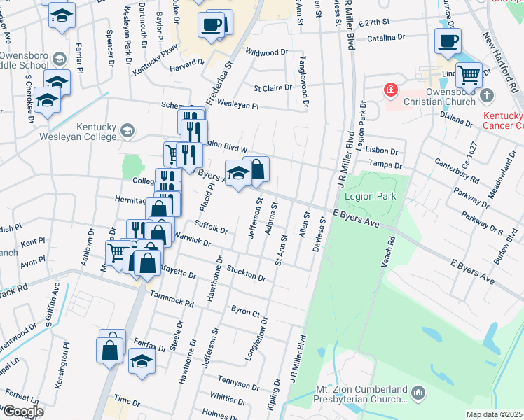 map of restaurants, bars, coffee shops, grocery stores, and more near 3220 Jefferson St in Owensboro
