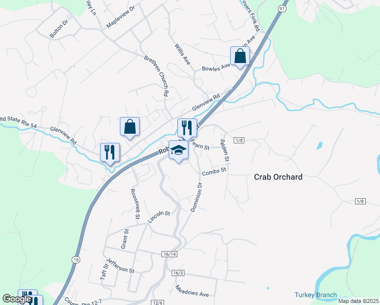 map of restaurants, bars, coffee shops, grocery stores, and more near 108 Dominion Drive in Crab Orchard