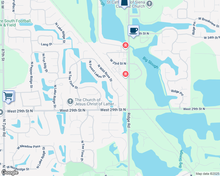 map of restaurants, bars, coffee shops, grocery stores, and more near 3115 North Wild Rose Street in Wichita