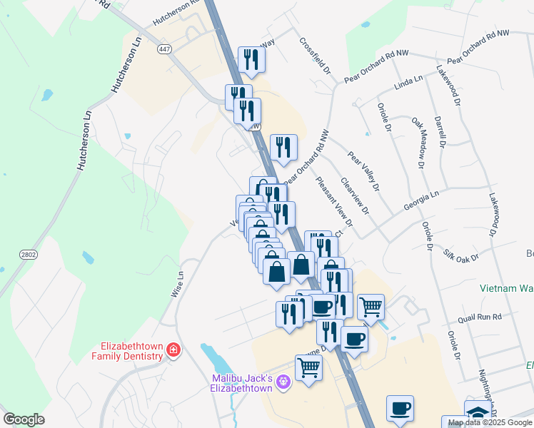 map of restaurants, bars, coffee shops, grocery stores, and more near 2050 North Dixie Highway in Elizabethtown