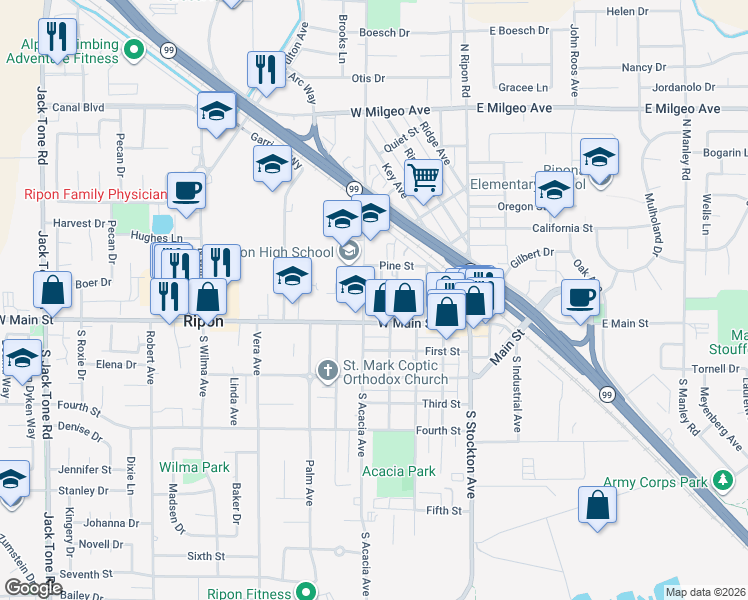 map of restaurants, bars, coffee shops, grocery stores, and more near 125 Capps Way in Ripon
