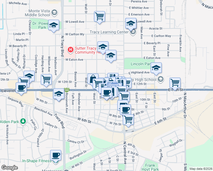 map of restaurants, bars, coffee shops, grocery stores, and more near 141 Interstate 205 Business in Tracy