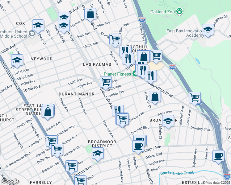map of restaurants, bars, coffee shops, grocery stores, and more near 2314 109th Avenue in Oakland