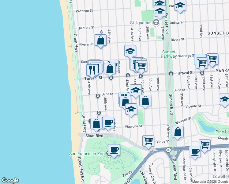map of restaurants, bars, coffee shops, grocery stores, and more near 4233 Ulloa Street in San Francisco