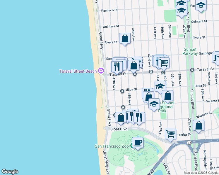 map of restaurants, bars, coffee shops, grocery stores, and more near 2490 Great Highway in San Francisco