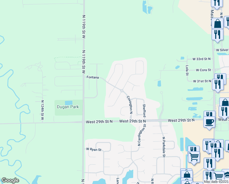 map of restaurants, bars, coffee shops, grocery stores, and more near 3133 North Landon Circle in Wichita
